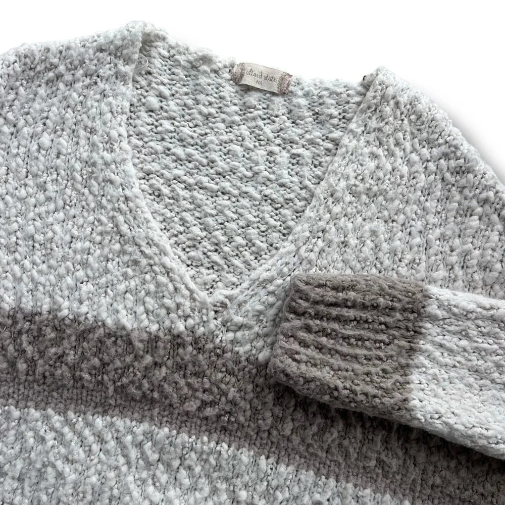 Altar'd State Womens M Cream Taupe Striped Popcorn Knit V-Neck Sweater Boho Cozy
